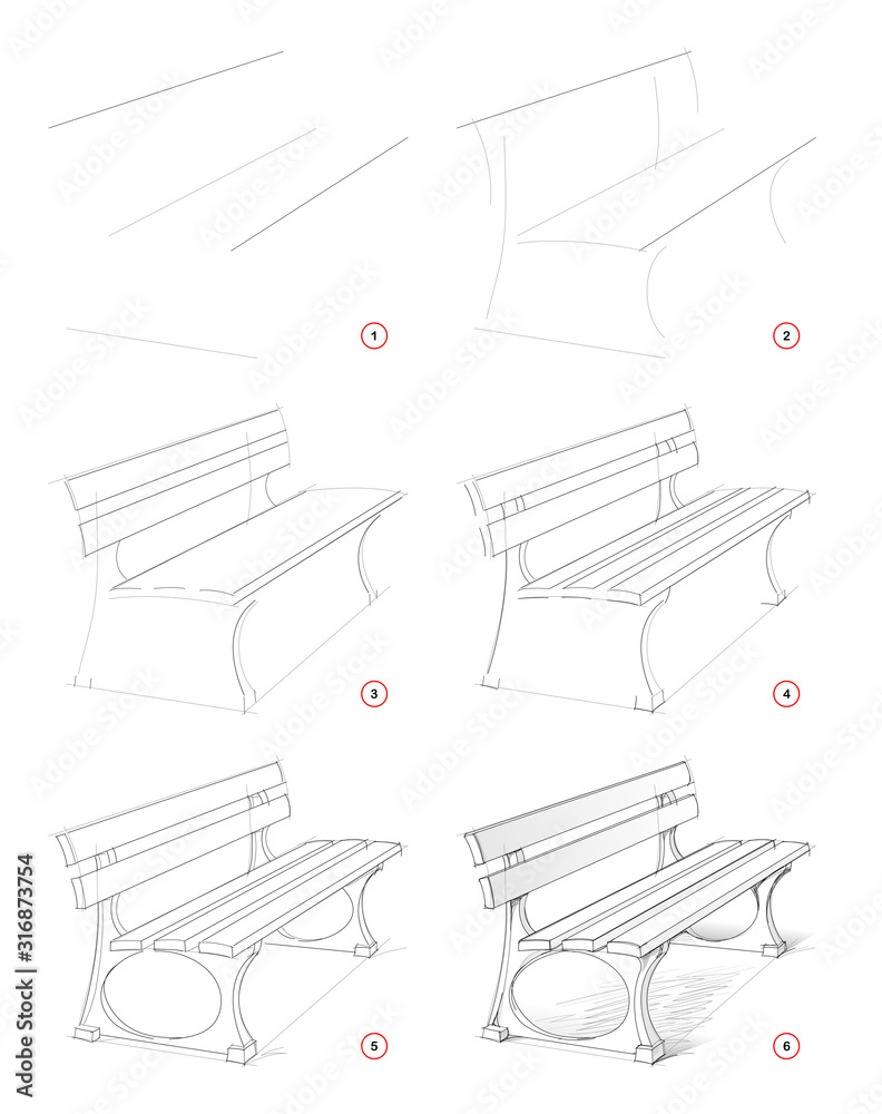 How to draw step by step sketch of imaginary bench in the park