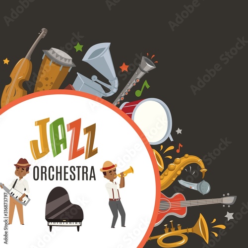 Jazz orchestra or jazzband with cartoon characters musician saxophonist and piano player and musical instruments poster vector illustration. Jazz orchestra concert party invitation.