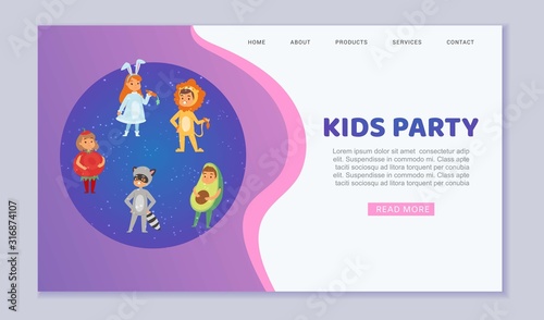 Kids wearing party carnival costumes of cute animals and vegetables vector web template illustration. Kids costumes party or festival webpage.