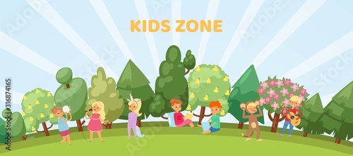 Kids zone banner, playroom or park playground outdoors vector illustration banner. Kid s zone theme with summer park and classes for children.