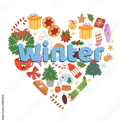 Winter and Christmas time vector illustrations on white background in heart shape. Winter holiday elements and objects. Gifts  cookies  christmas tree  wreath and socks with toys cartoon card.