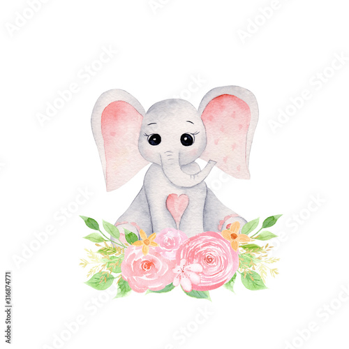 Baby elephant with pink flowers and green foliage hand drawn raster illustration
