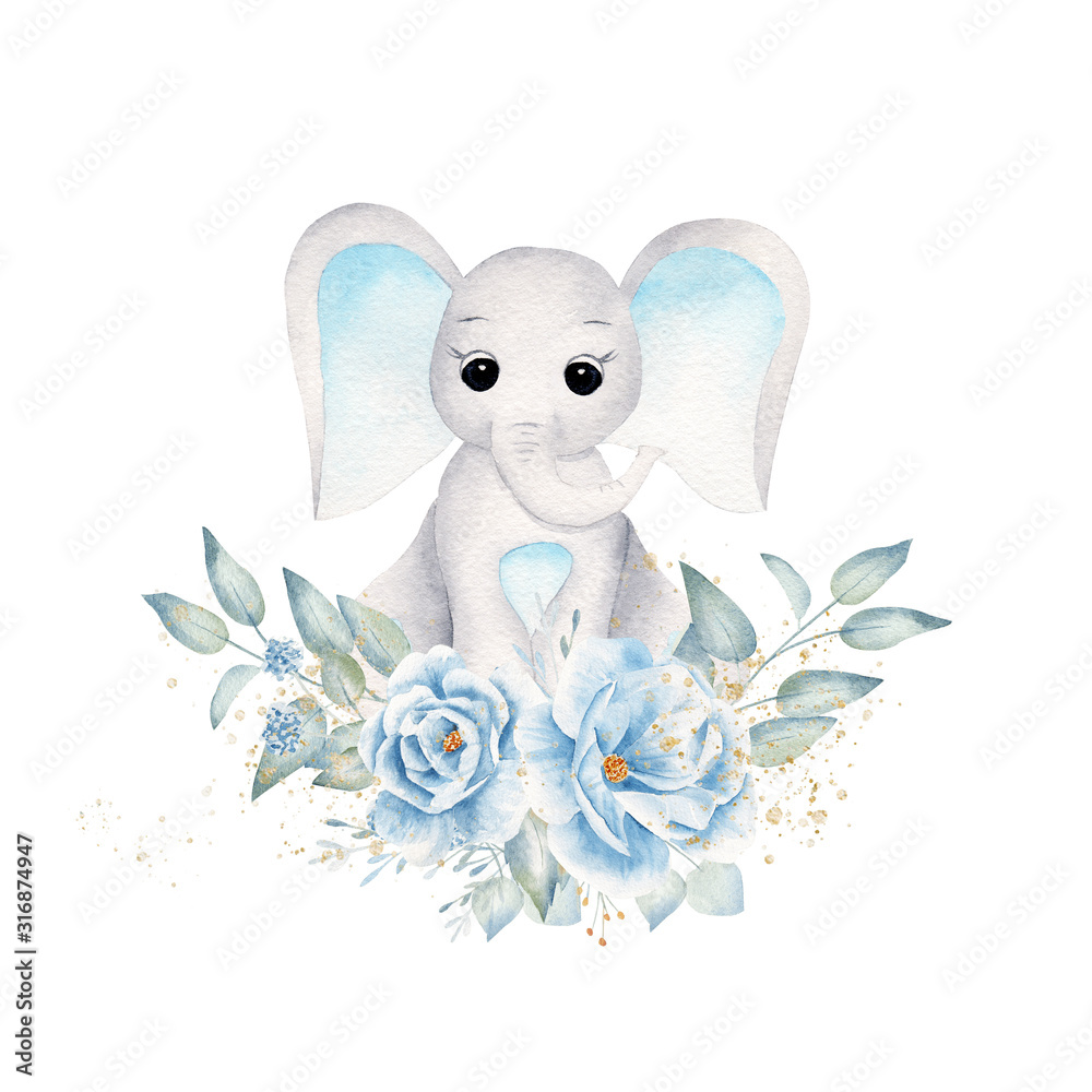 Baby elephant with blue flowers and leafage hand drawn raster illustration