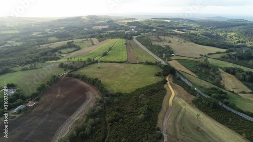 View over Castromaior green fields in Spain. Aerial panning photo