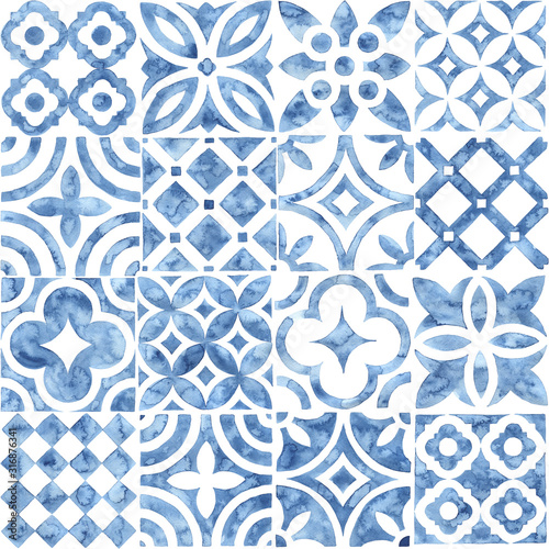 Seamless moroccan pattern. Square vintage tile. Blue and white watercolor ornament painted with paint on paper. Handmade. Print for textiles. Seth grunge texture. photo