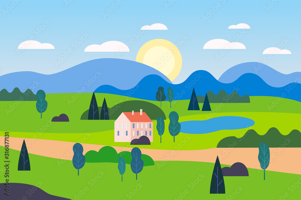 Summer countryside farm landscape green hill. Cottage nature fields mountains blue sky clouds sun countryside