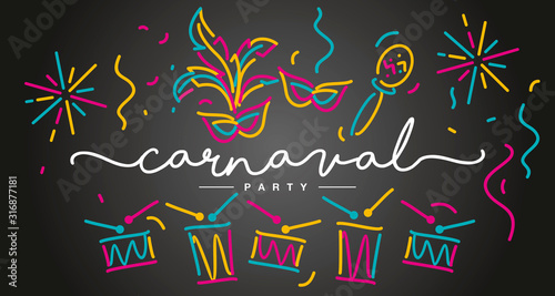 Carnival Party 2020 Portuguese language handwritten typography colorful line design carnival elements black invitation card