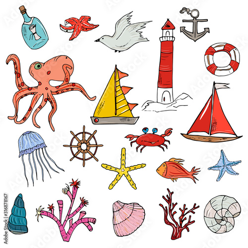 Big marine set. Summer adventures design elements. Lighthouse, fish, jellyfish, octopus, ships, shells, corral. Hand drawing doodle.