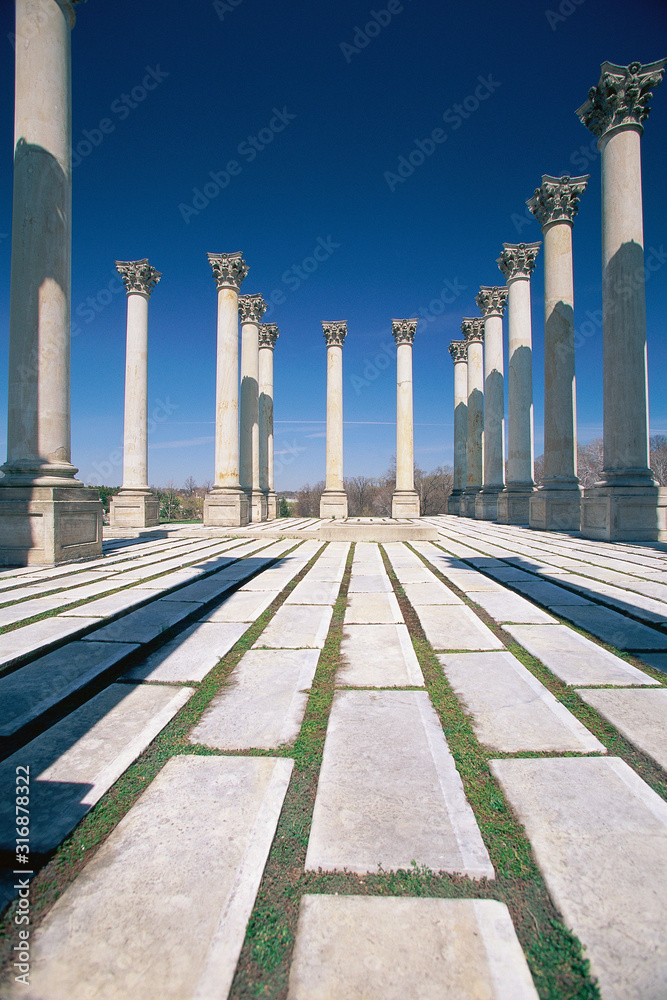 Walkway surrounded by freestanding columns at the National Arboretum