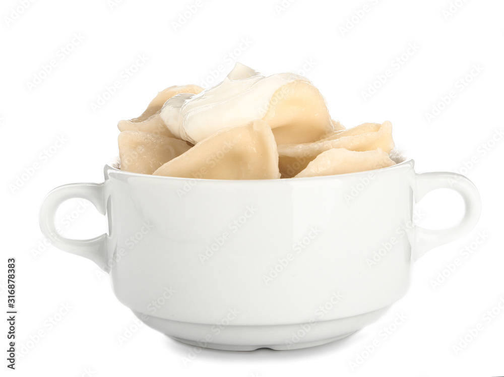 Pot with tasty dumplings on white background Pot with tasty dumplings on white background