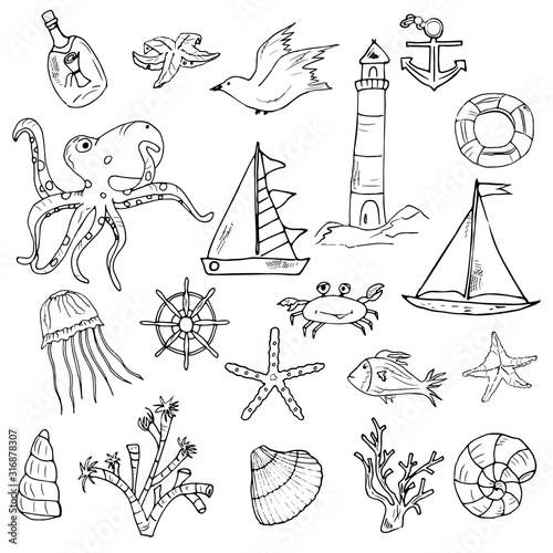 Big marine set. Summer adventures design elements. Lighthouse, fish, jellyfish, octopus, ships, shells, corral. Hand drawing doodle.