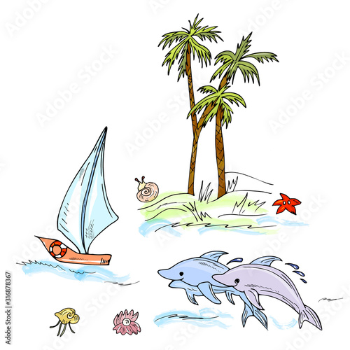 Fototapeta Naklejka Na Ścianę i Meble -  marine set. Summer vacation on the island, adventure design elements. Dolphins, island with palm trees, ship, shells, starfish. Hand drawing doodle .
