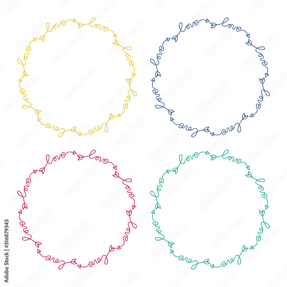 Round colours frames from the word love in the shape of an arrow . Valentine's Day