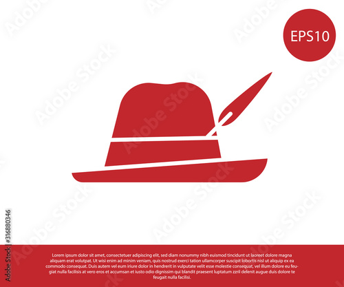 Red Oktoberfest hat icon isolated on white background. Hunter hat with feather. German hat. Vector Illustration