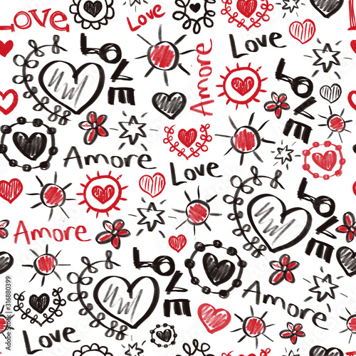 Seamless pattern Valentines doodles. Love Amore scribbles hearts, stars lettering in red and black. Repeating hand drawn background. Sketches of love symbols. 