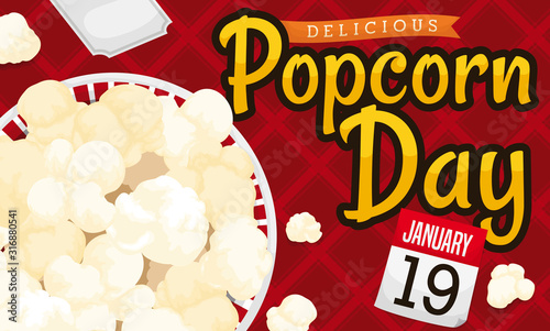 Calendar, Basket with Corn Popped and Tablecloth for Popcorn Day, Vector Illustration