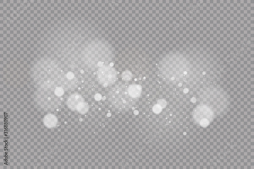 Dust white. White sparks and golden stars shine with special light. Vector sparkles on a transparent background.