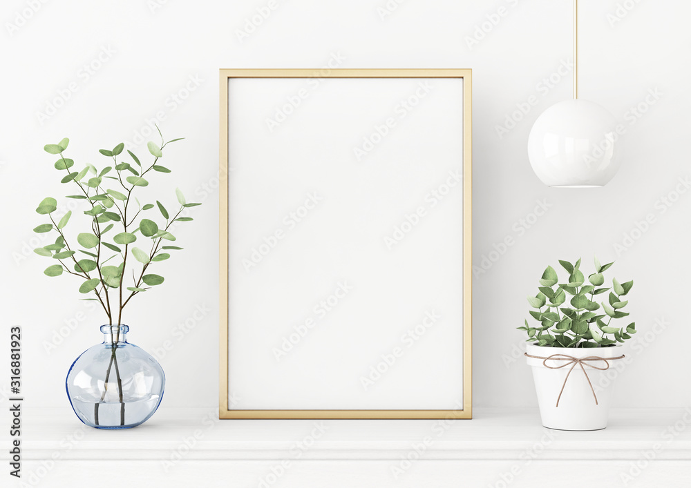 Interior poster mockup with vertical gold metal frame on the table with ...