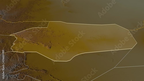 Al Jawf, governorate with its capital, zoomed and extruded on the relief map of Yemen in the conformal Stereographic projection. Animation 3D photo