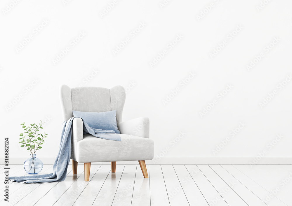 Living room interior wall mockup with gray velvet armchair, blue pillow, plaid and green plant branches in vase on empty white wall background. 3D rendering, illustration. - obrazy, fototapety, plakaty 