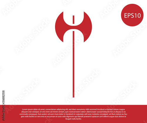 Red Medieval axe icon isolated on white background. Battle axe, executioner axe. Medieval weapon. Vector Illustration