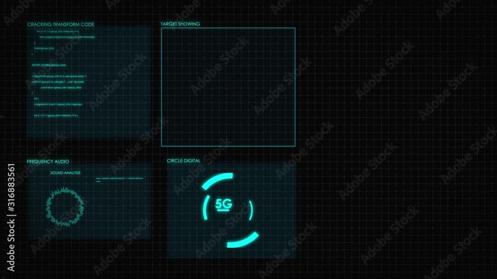 Digital HUD graphic of screen 2D. Futuristic user interface glow GUI digital text and number random element for cyber technology concept.Focus shallow depth of field dark and grain processed.Footage