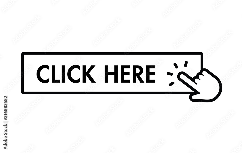 Click here button with hand clicking icon. Click here button with hand clicking icon.