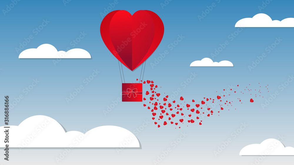 Love or Valentine's day background with heart shaped hot air balloon flying through clouds. Romantic vector illustration
