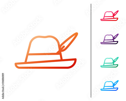 Red line Oktoberfest hat icon isolated on white background. Hunter hat with feather. German hat. Set color icons. Vector Illustration