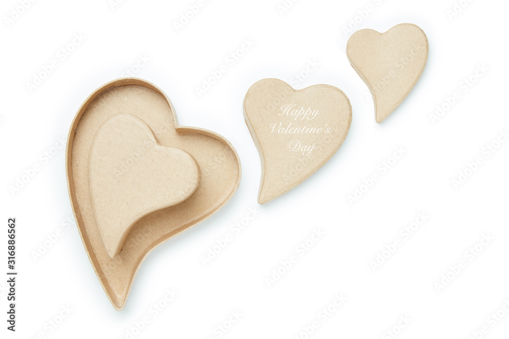 Set of brown cardboard hearts for Valentine's Day February 14th. Greeting card mockup