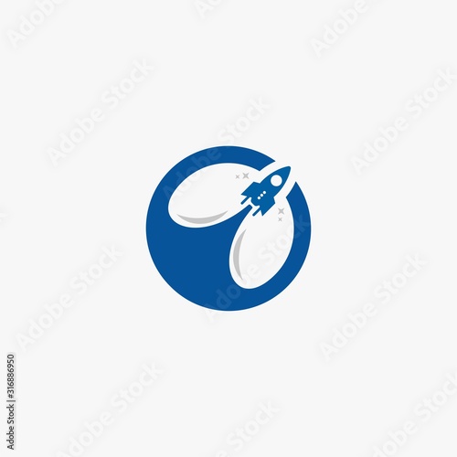 Rocket logo design. Blue planet sign symbol. Rocket launching icon vector. 