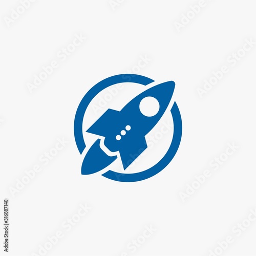 Rocket logo design. Blue planet sign symbol. Rocket launching icon vector. 
