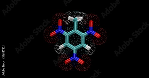 TNT, Trinitrotoluene or 2,4,6-trinitrotoluene 3D molecule, stick and surface representation photo