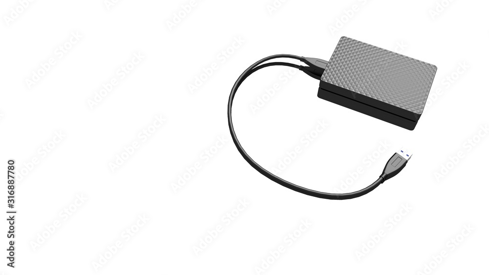 Portable external hard disk drive with USB cable on white background. Portable external hard disk drive with USB cable on white background.
