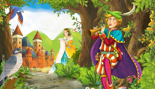 Fototapeta Naklejka Na Ścianę i Meble -  cartoon summer scene with meadow in the forest with beautiful princess girl romantic