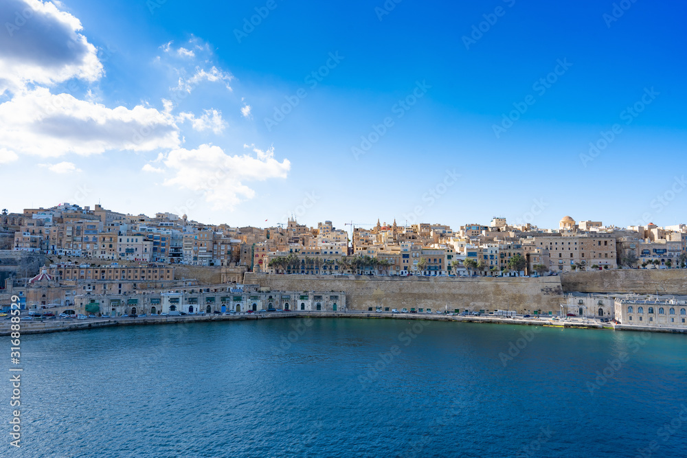 Aerial photograph from the sea with a panoramic view of Valletta, Malta