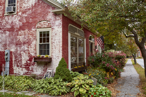 Residential neighborhood with historic homes on a cool Fall day in the New England town of Woodstock, Vermont
