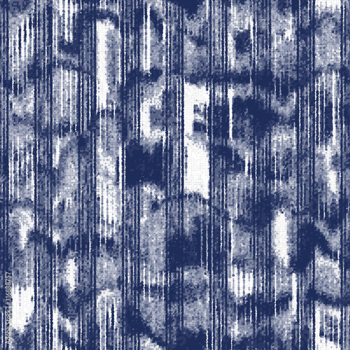 Indigo cyanotype dyed effect distressed worn bleached graphical motif. Noisy brushed faded mottled, intricate grungy stained navy design. Seamless repeat vector eps 10 pattern swatch.