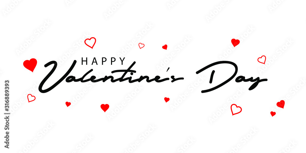Valentine's Day black vector text and red hearts. White background. Isolated. Design elements for prints, web pages, invitation, gift and greetings card, banners and templates