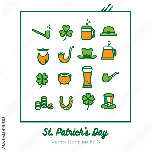 Saint Patricks day vector icons set. Green orange line art flat icons for logo, sign, buttons. Minimalist st Patricks day menu, flyer, poster. Isolated clover, beer glass, leprechaun hat, smoking pipe