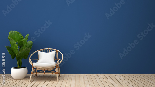 Living area and empty space in dark blue room for artwork or add