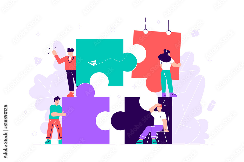 Business concept. Team metaphor. people connecting puzzle elements. Vector illustration flat design style. Symbol of teamwork, cooperation, partnership for web page, social media, documents, cards