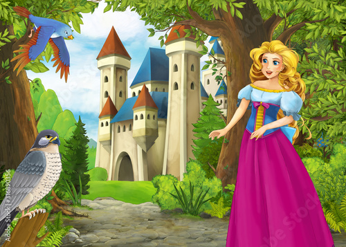 cartoon summer scene with meadow in the forest with beautiful princess girl romantic