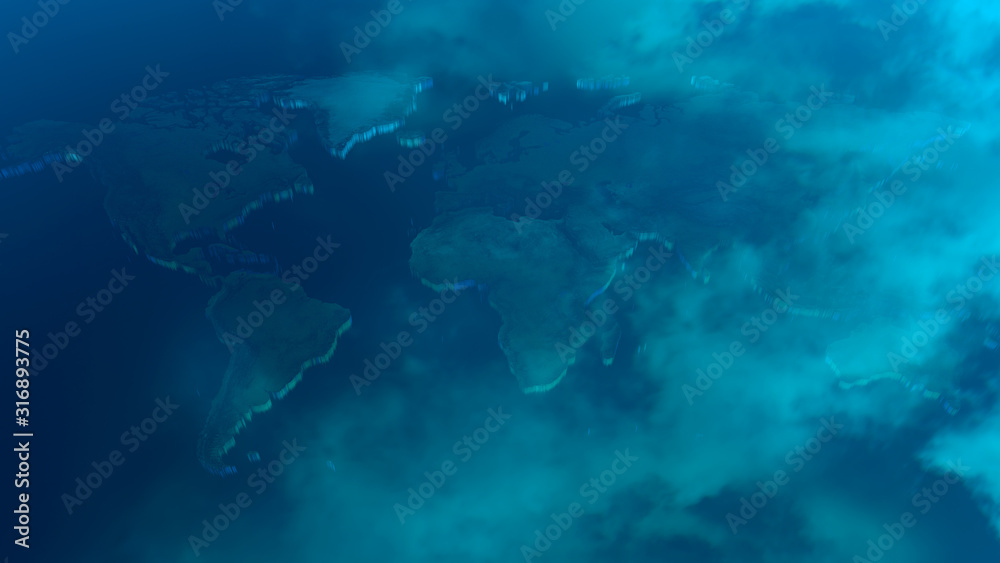 Sea level rise, world map completely submerged by the sea Sea level rise, world map completely submerged by the sea