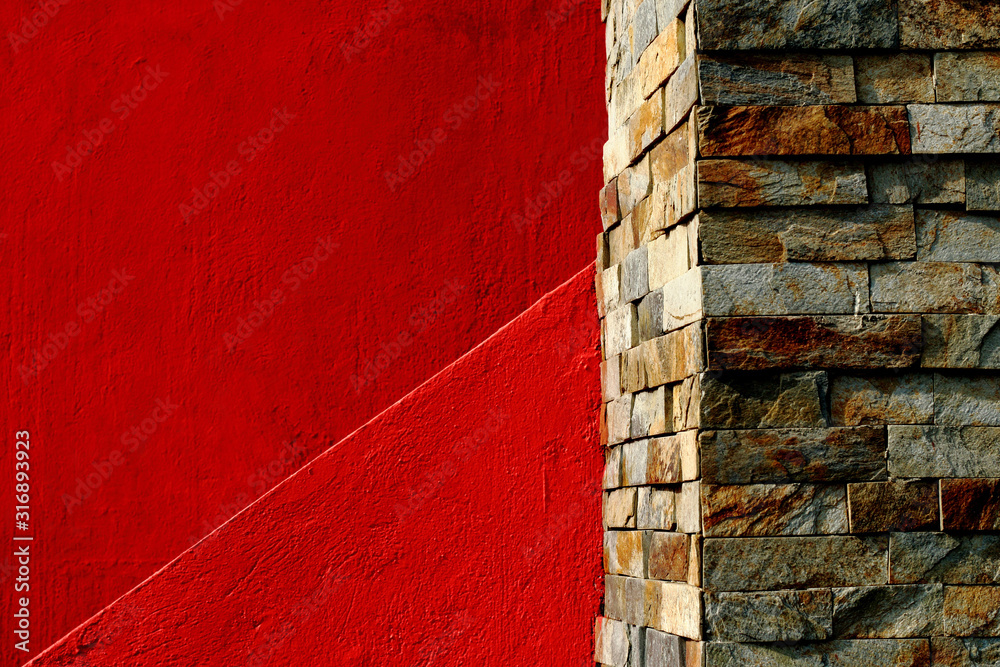 Abstract minimalist architecture,red wall and stone bricks - obrazy, fototapety, plakaty 