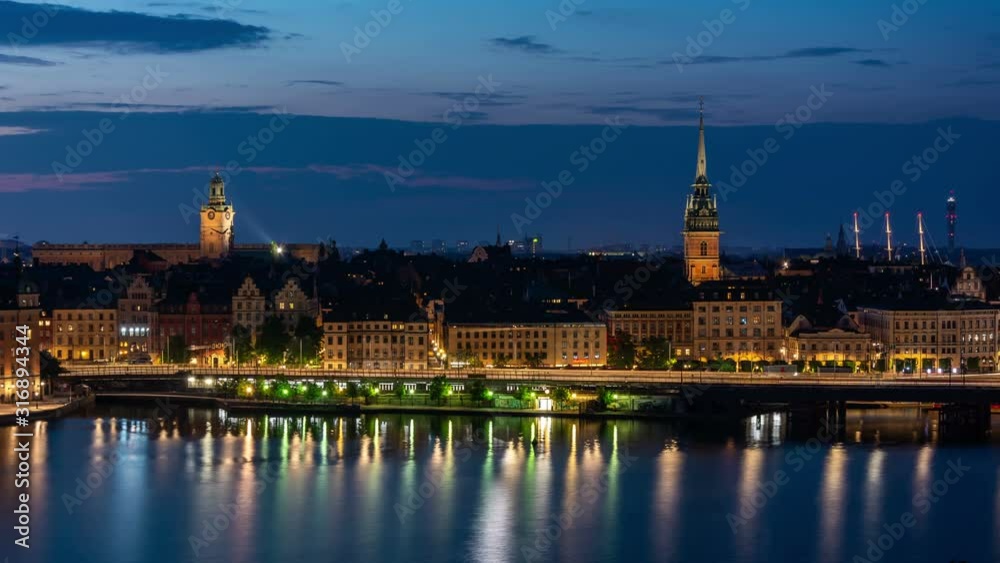 Panoramic view of Gamla Stan at dusk. Stockholm city skyline. Time lapse video.