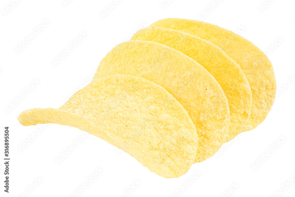 Yellow slices of potato chips with sour cream and onions isolated on white background close-up Yellow slices of potato chips with sour cream and onions isolated on white background close-up