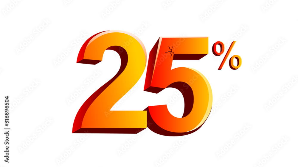 Isometric Realistic 3D View 25% Sign in Shiny Orange and Yellow Color Isometric Realistic 3D View 25% Sign in Shiny Orange and Yellow Color
