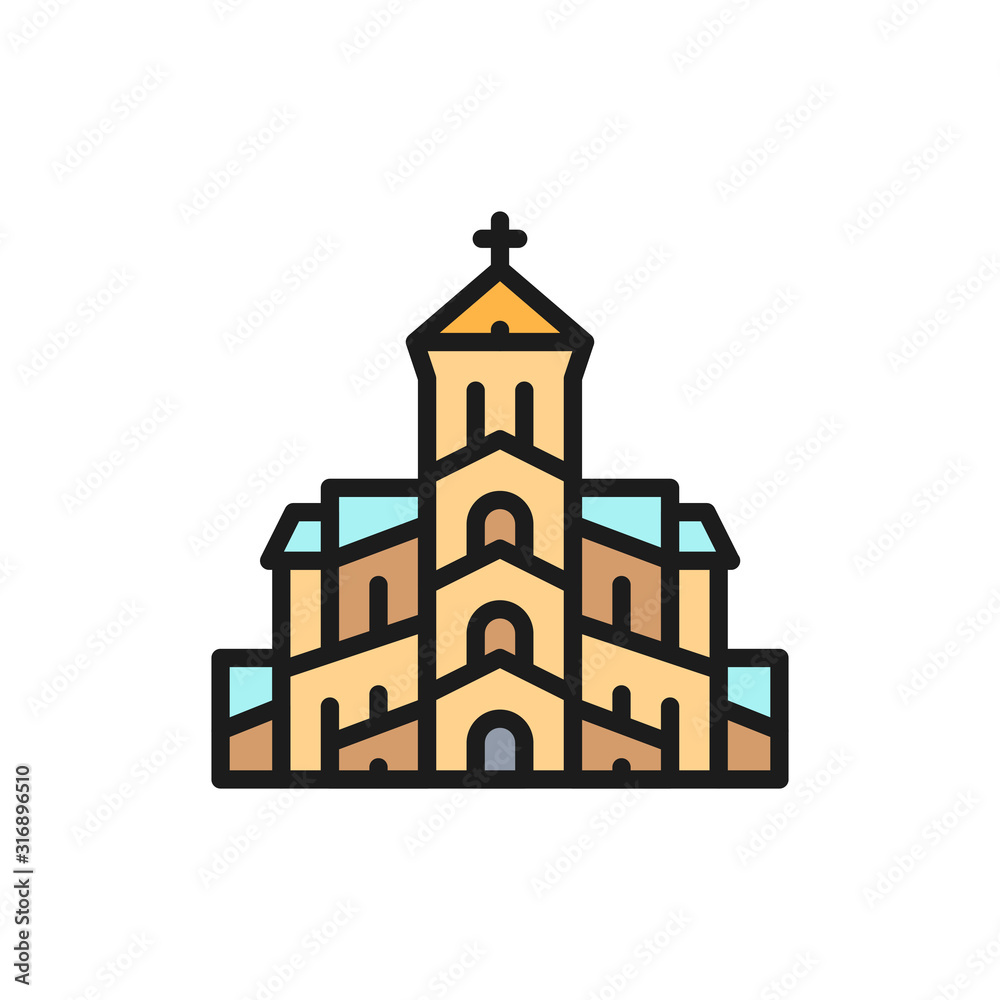 Vector georgian orthodox church, Tbilisi flat color line icon.