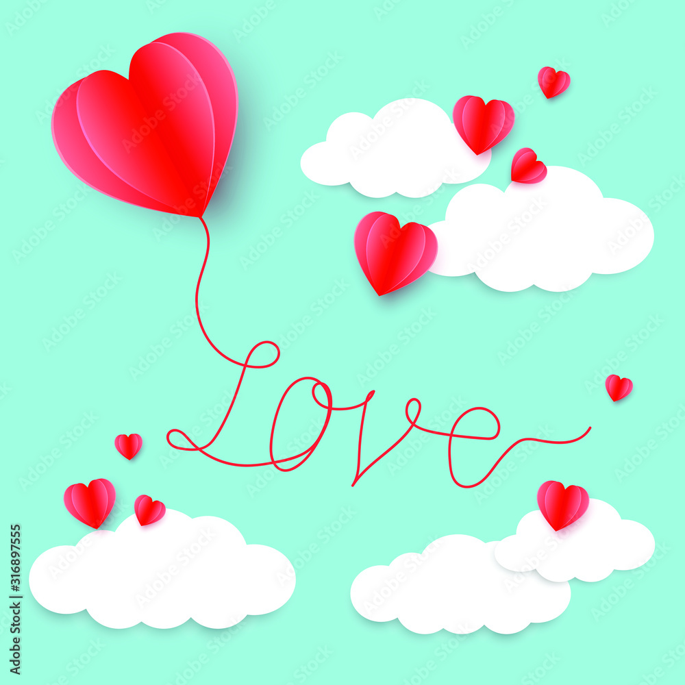 Love red heart balloon flying with love text on blue background. Heart paper cut flying, clouds in the blue sky feel happy and joyful. Different size red heart for Invitation card, Valentine's day.
